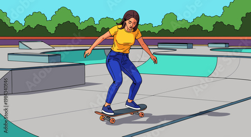 Illustration of a young woman enjoying a skateboard ride in a vibrant outdoor skatepark environment, showcasing active lifestyle and recreational fun