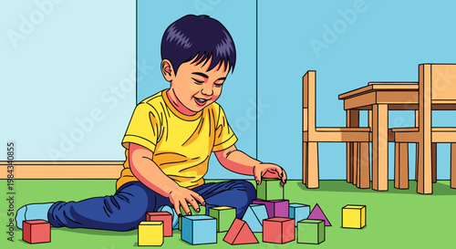 Cute young boy happily playing with colorful building blocks on the floor, enjoying his playtime and imagination