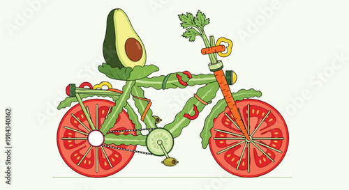 Healthy bicycle made from salad ingredients, lettuce frame, tomato wheels, avocado seat, modern flat illustration, eco-friendly concept, bright colors