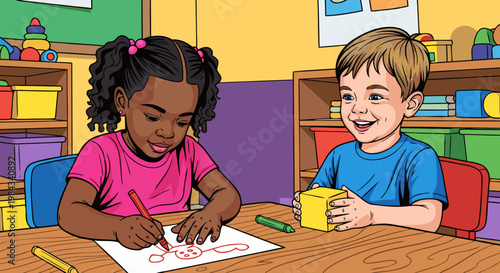 Two young children, a girl and a boy, are happily engaged in creative play at a wooden table, drawing and building with blocks