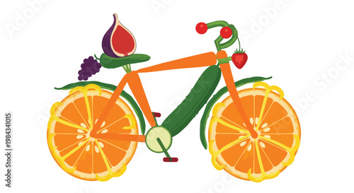 Bicycle made of fruits and vegetables, wheels formed by orange slices, frame built from carrots and cucumbers, vibrant colors, flat vector illustration, clean composition, white background