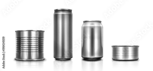 3d metal can mockup with ribbed surface, realistic texture, vector illustration isolated on white background. Aluminum or tin cylinder template for food, soda drinks or paint product, packaging design