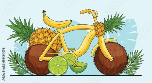 Tropical fruit bicycle, pineapple frame, coconut wheels, banana seat, bright summer palette, clean vector illustration