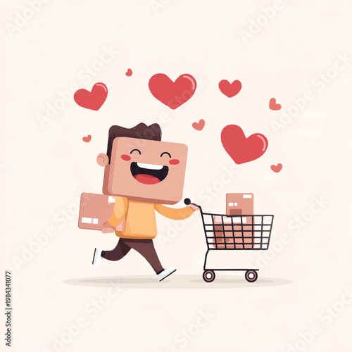Happy Shopper With Box Head Pushing Cart Full Of Packages