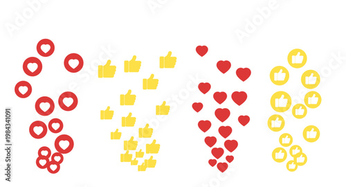 Social media like emotion icons, hearts and thumb up flying reactions, cartoon vector illustration isolated on white background. Livestream comment, network marketing, and digital content feedback