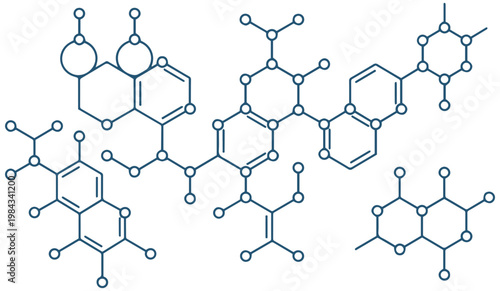 Illustrative graphic showing complex organic chemical structures with various molecular bonds and atomic arrangements important for scientific research.