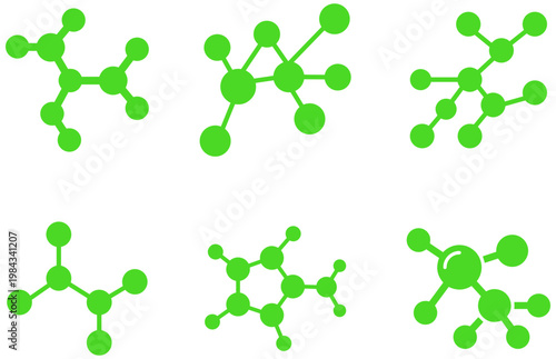 A diverse array of six bright green abstract network and connection icons depicting interconnected data points, molecular structures, or social links.