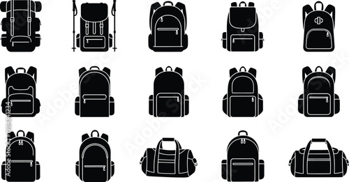 Collection of backpacks and duffle bags in various styles and sizes for travel and outdoor