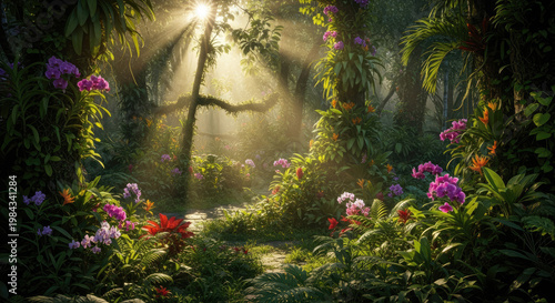 A serene and vibrant forest scene with colorful flowers and lush greenery illuminated by sunlight