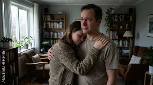 Daughter hugging her father sadly, emotional family moment at home, tender body language and muted natural light, ultra-realistic, no logos.