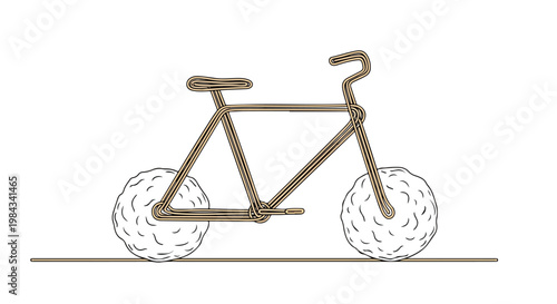 Minimalist bicycle formed from single continuous line of spaghetti, meatball wheels, clean vector line art, white background