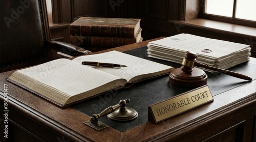 Judicial system and document signing, official papers, pen, gavel and formal desk composition, clear authoritative legal mood, ultra-realistic, no logos.