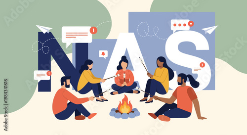 Group of people roasting marshmallows around a campfire social vector