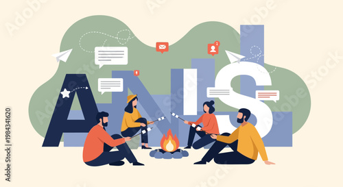 Friends sitting around campfire roasting marshmallows flat vector