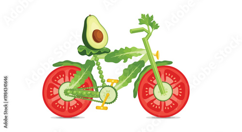 Healthy bicycle made from salad ingredients, lettuce frame, tomato wheels, avocado seat, modern flat illustration, eco-friendly concept, bright colors