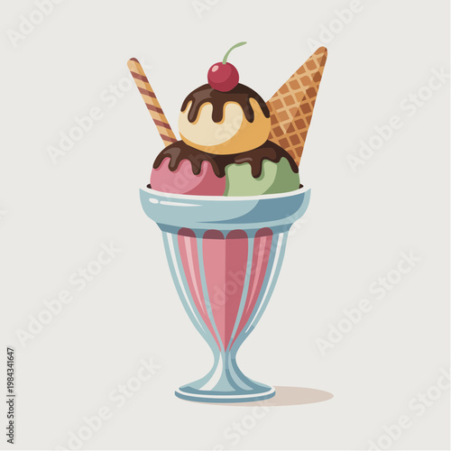 Colorful cartoon ice cream sundae with waffle cone and cherry