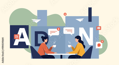 Friends Talking Over Coffee in Cafe Flat Vector Illustration