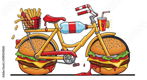Fast food bicycle, burger wheels, fries as frame, soda bottle elements, bold cartoon style, colorful and fun