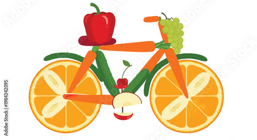 Bicycle made of fruits and vegetables, wheels formed by orange slices, frame built from carrots and cucumbers, vibrant colors, flat vector illustration, clean composition, white background