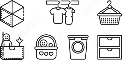 A set of simple line art icons depicts household chores and laundry management, including a clothes umbrella, hanging shirts, a laundry basket, a washing machine, and drawers.
