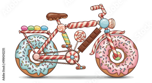 Cute bicycle constructed from donuts and candies, pastel colors, sprinkles details, cartoon vector style, soft shadows, isolated background, fun and whimsical design