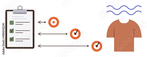 Productivity, decision making, workflow management, planning tools, task prioritization, organization. Clipboard with checklist, arrows pointing to targets shirt with wavy lines. Productivity