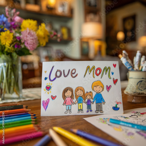 Heartfelt hand-drawn postcard for mom made by children during family time