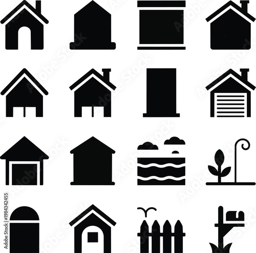 Minimalist house icons set, black silhouette real estate symbols, 16 residential building vector elements, home and property signage for maps