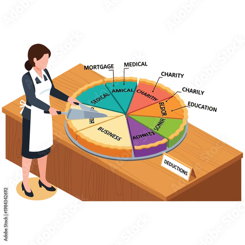 Professional Woman Slicing a Financial Pie Chart Visualizing Income Allocation and Smart Budgeting for Various Expenses, Taxes, and Important Deductions