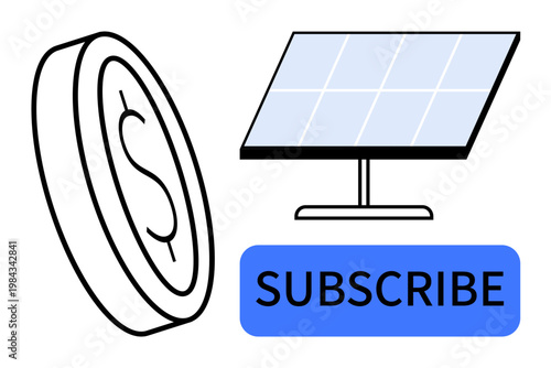 Renewable energy, subscription models, sustainable investments, green energy services, clean power solutions, eco-friendly economy. Solar panel, coin and subscribe button. Renewable energy
