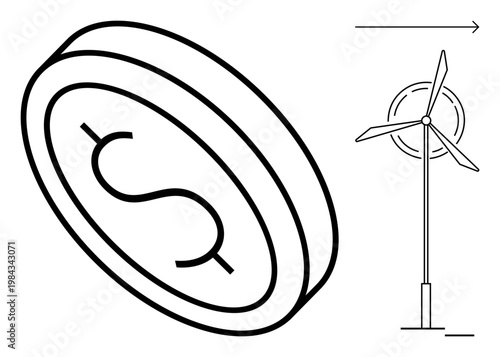 Renewable energy, sustainable finance, green investment, economic growth, eco-friendly solutions, energy production. Dollar coin and wind turbine icon. Renewable energy and sustainable finance