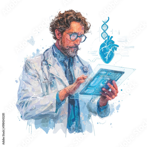 Male Doctor Examining Digital Heart Hologram With Advanced Medical Technology