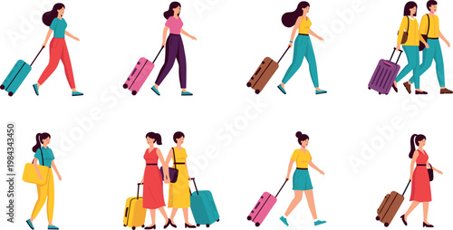 Vector illustration set of travelers with luggage, featuring solo and group travelers walking, ideal for vacation, tourism, and travel-related designs