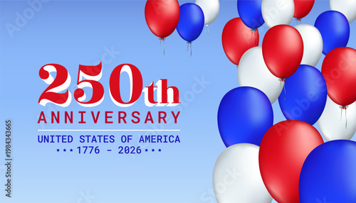 250 years of independence. Banner 250th Anniversary of the USA. 4th of july 2026 usa independence day, vector greeting card. American flag colored balloons, blue sky background. Fourth of july
