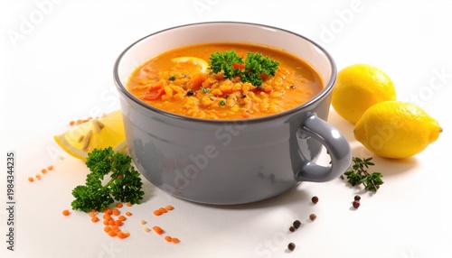 Delicious Soup in Gray Mug with Spices.
