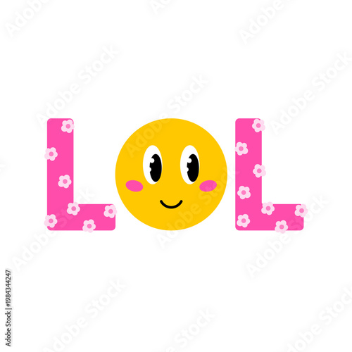 Emoji lol and happy face with flower for retro 70s. Y2k sticker style cute element and patch emoticon with funny flowers. Summer doodle fun and daisy through colorful groovy vector.