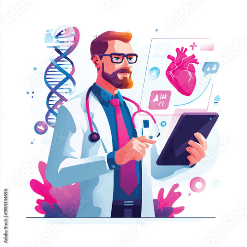 Modern Doctor Using Digital Tablet For Cardiology And Genetic Research