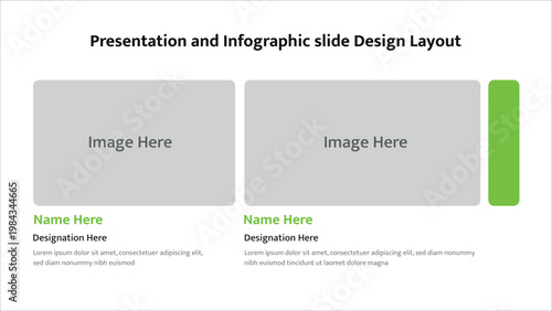Business presentation slide layout displaying two image placeholders with name and designation text fields