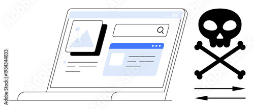 Internet security, cybercrime, online safety, digital risk, data breach, hacking prevention. A laptop with web page content and a crossbones symbol. Internet security and cybercrime concept