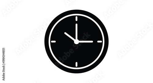 A stark black silhouette of a circular wall clock displaying approximately ten past ten highlighting the concept of time high quality