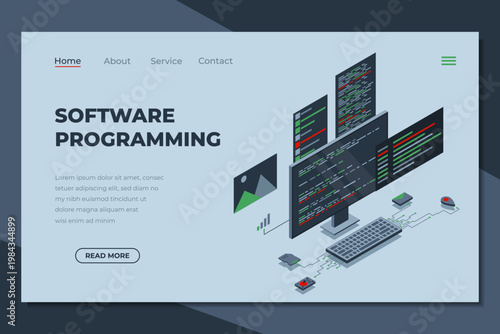 Software programming isometric landing page. Programming languages interface on computer screen. Programmer coding. Isometric technology