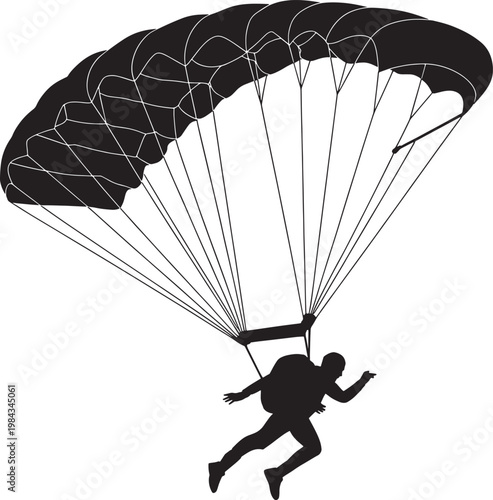 Skydiver silhouette with open parachute in flight, extreme sport and adventure on transparent background.
