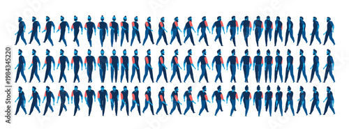 Walking cycle of a man from multiple angles, useful as character animation reference, depicting motion, steps, and body movement sequence.