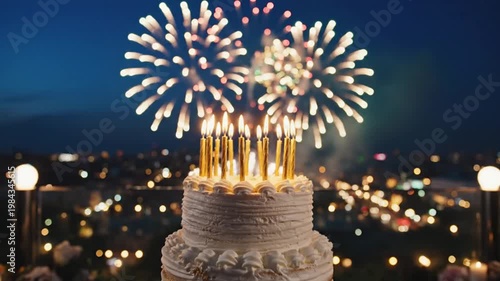 Nighttime celebration cake with glowing candles and city lights, perfect broll for advertising joyous events.