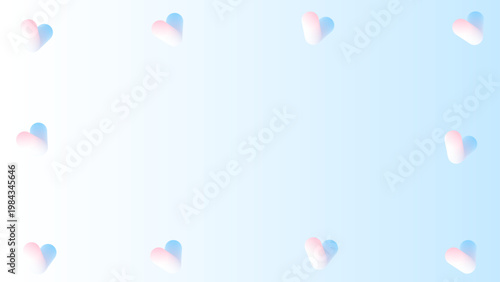 淡い水色とピンクのグラデーションに立体チューブのハートを縁に配置したメンフィス風フレーム背景 シンプルで使いやすい横長16対9