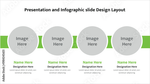 Modern infographic presentation slide layout with four circular image placeholders and editable text sections