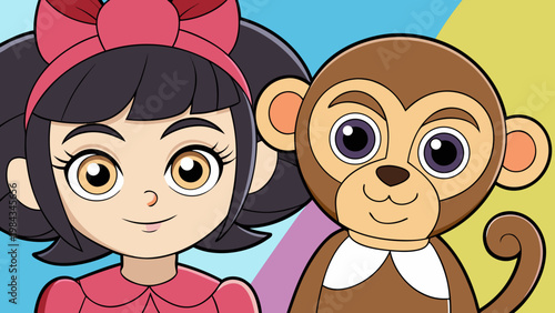 Girl and monkey best friends - friendship cute illustration cartoon vintage
