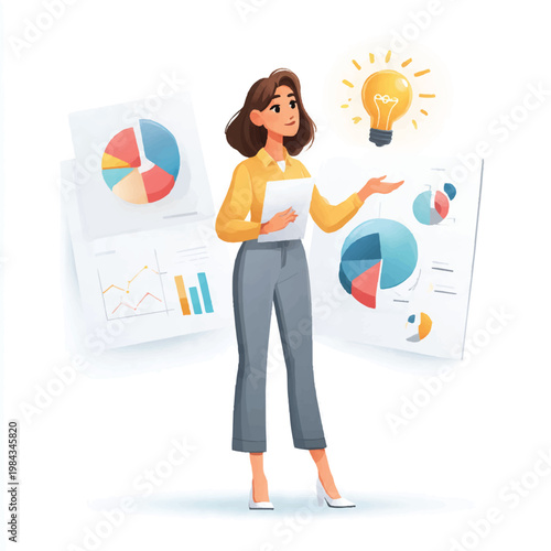 Professional Businesswoman Presenting Financial Data Charts With Creative Idea Concept