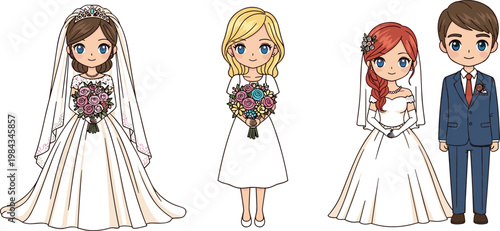 Wedding Couple and Bride Vector Set with Elegant Gowns, Bouquets, and Romantic Illustrations for Bridal, Love, and Celebration Designs