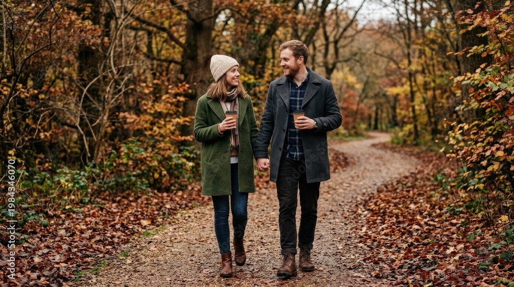 Fototapeta premium A full-length view of a couple walking in a late autumn park with takeaway coffee cups, layered seasonal clothing, leaf-covered paths and soft overcast light shaping a relaxed intimate mood,